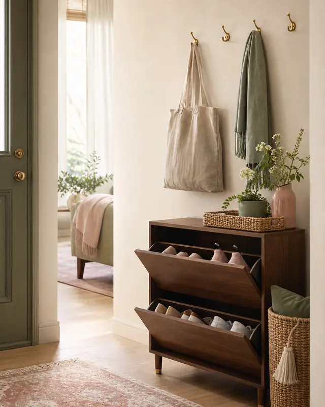 A small-apartment entryway with a shoe bench and woven baskets in cream and sage.