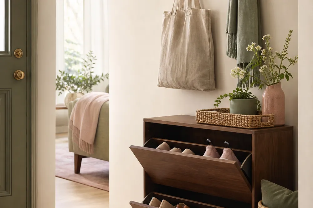 A small-apartment entryway with a shoe bench and woven baskets in cream and sage.