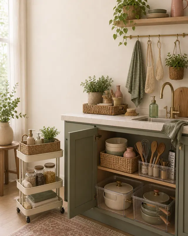 A freshly organized first-apartment kitchen with tidy shelves and warm natural light.