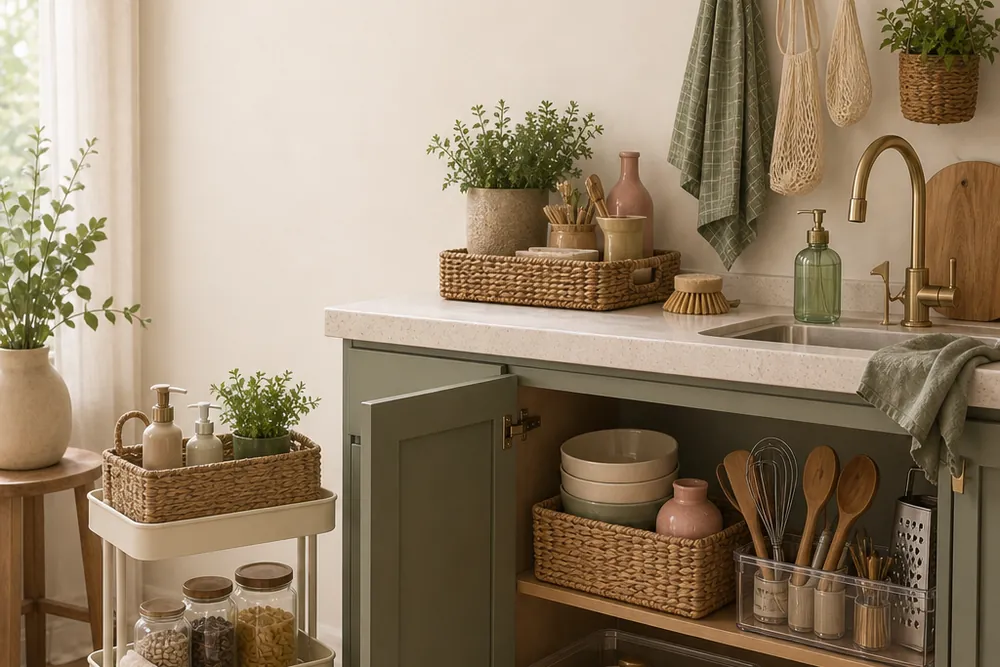 A freshly organized first-apartment kitchen with tidy shelves and warm natural light.