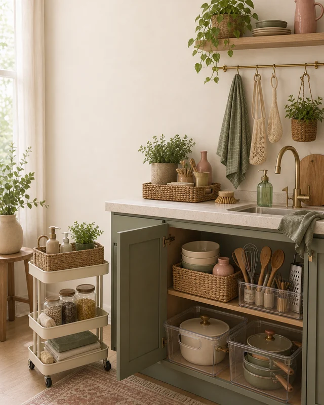 A first-apartment kitchen organized with open storage, a rolling cart and calm sage accents.