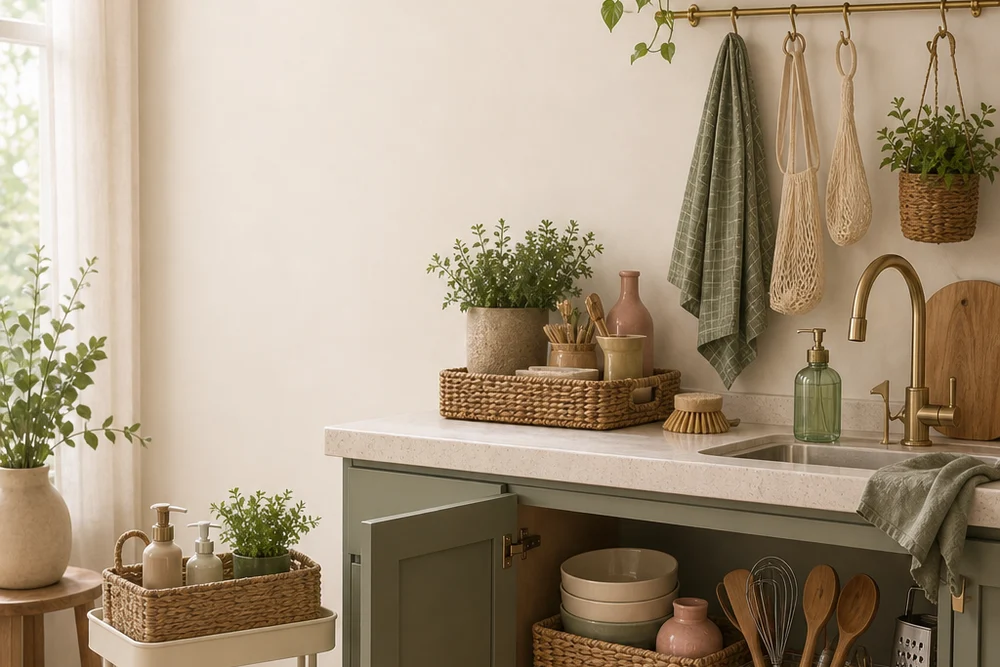 A first-apartment kitchen organized with open storage, a rolling cart and calm sage accents.