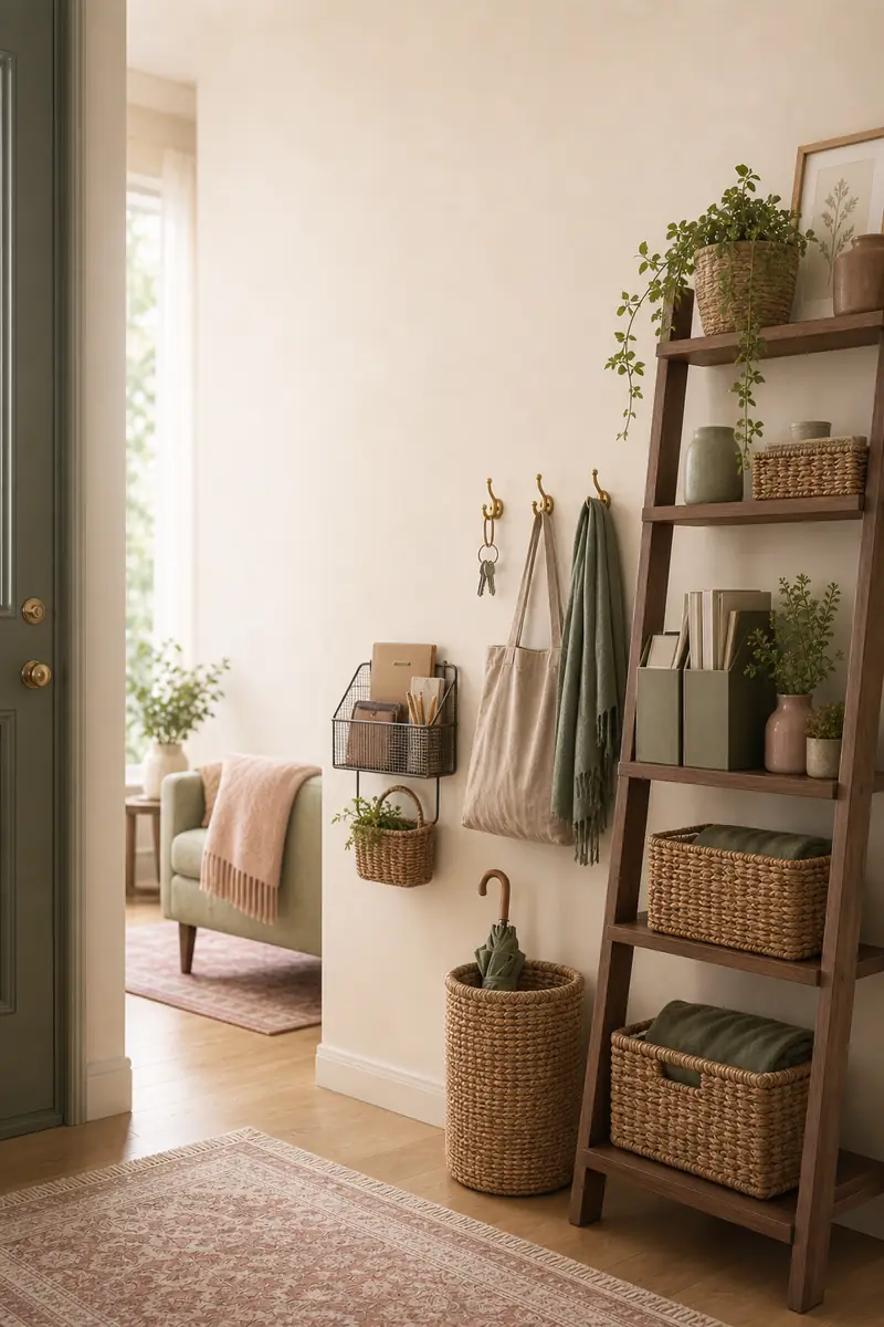 A rental entryway with a leaning ladder, baskets and light wall storage in warm neutral colors.