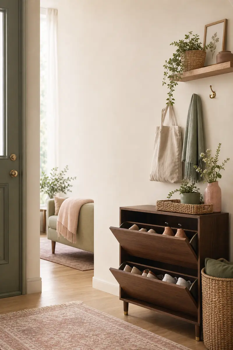 Small-apartment storage styled in cream, sage and walnut.