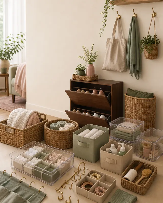 Cozy small-apartment corner with budget storage baskets and bins in cream and sage.