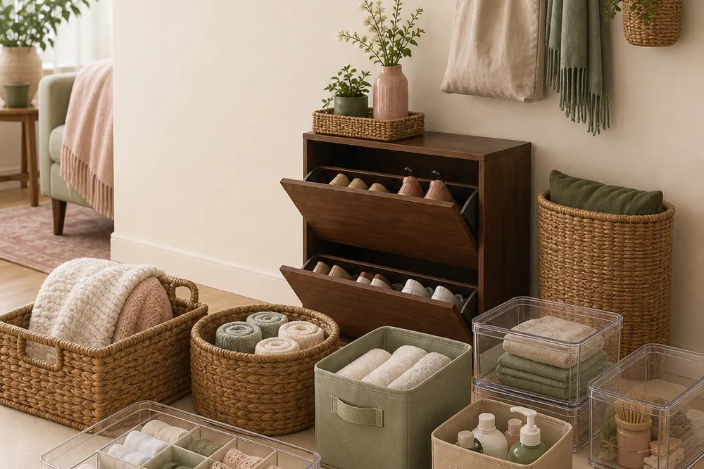 Cozy small-apartment corner with budget storage baskets and bins in cream and sage.
