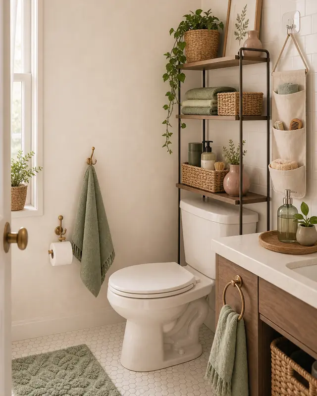A tiny bathroom styled with woven baskets and an over-the-toilet shelf — no-drill and calm.