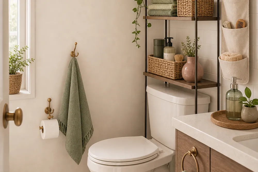 A tiny bathroom styled with woven baskets and an over-the-toilet shelf — no-drill and calm.