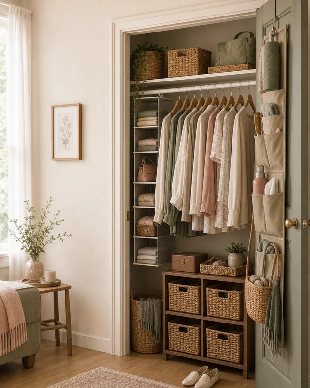 A compact rental closet organized with matching hangers, baskets and door storage.