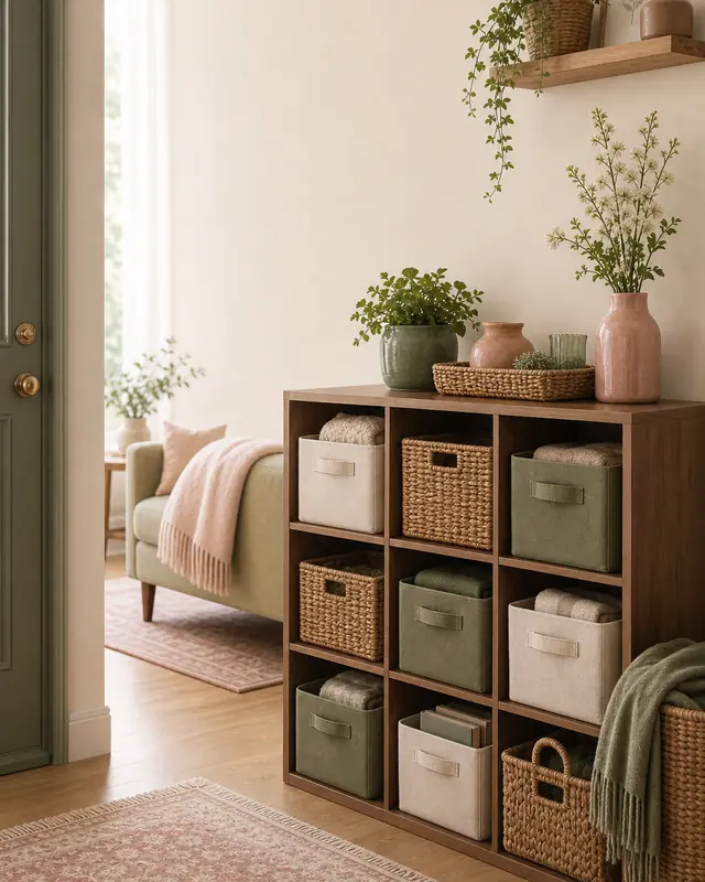 A neat stack of lidded storage bins on a shelf in a bright, calm rental room.