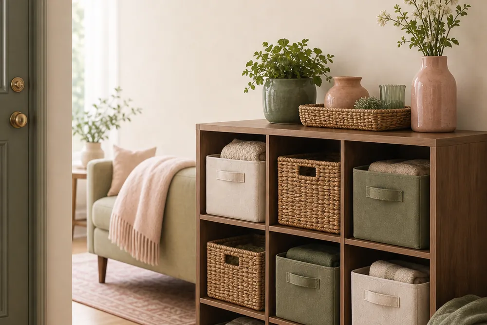 A neat stack of lidded storage bins on a shelf in a bright, calm rental room.