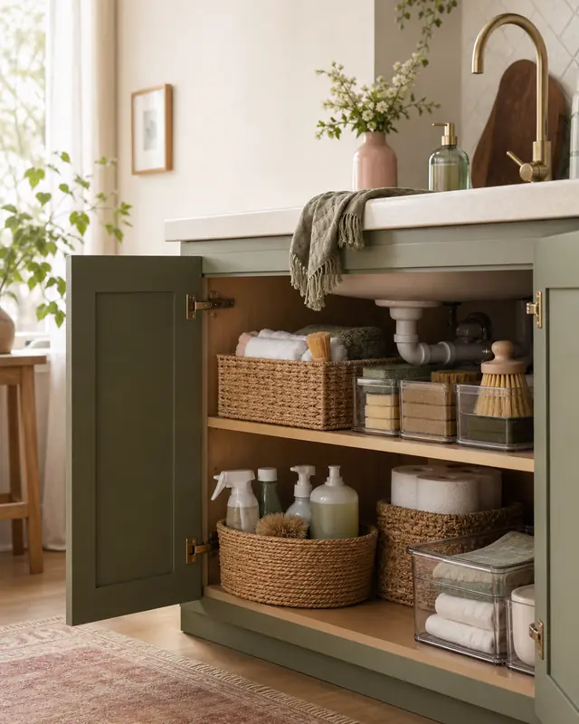 An under-sink cabinet with a two-tier organizer keeping bottles tidy around the pipes.