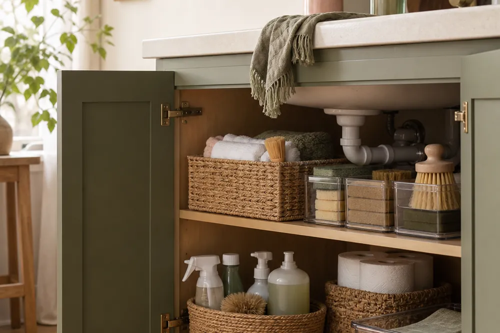 An under-sink cabinet with a two-tier organizer keeping bottles tidy around the pipes.